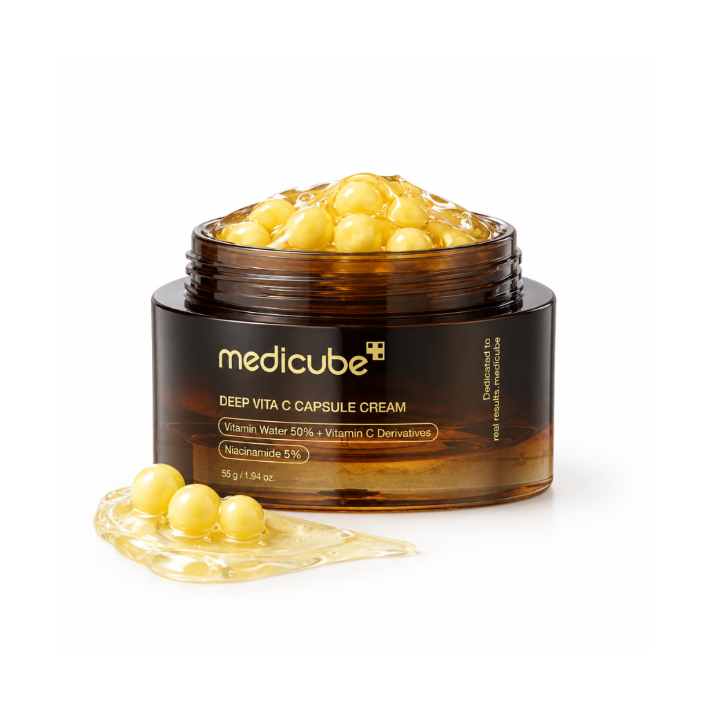 Medicube aperta, pack fumé ambra su bianco