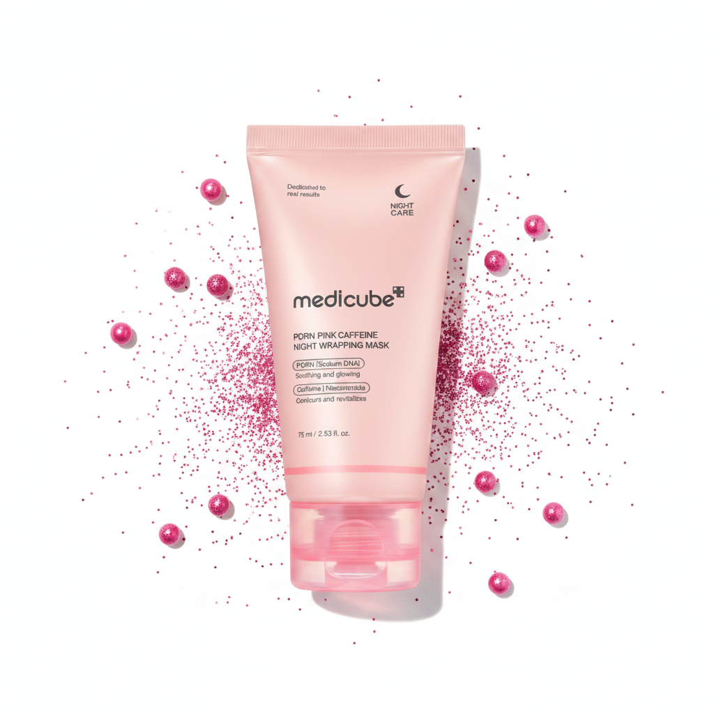 Medicube PDRN Pink Caffeine Night Wrapping Mask — Sfondo Bianco Perle Fucsia