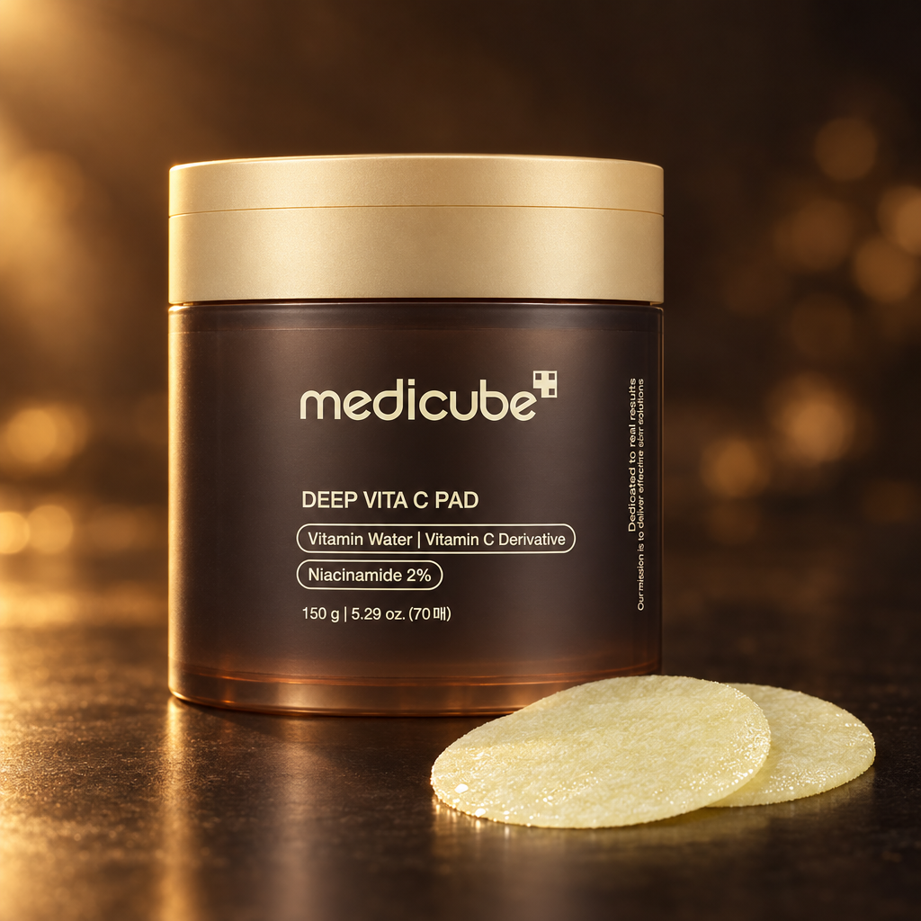 Medicube toner pads su sfondo scuro